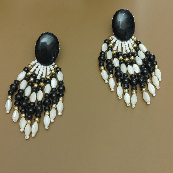 Vtg Clip On Earrings Southwestern Chandelier Stone Black MOP White Bead Dangle - Picture 7 of 11